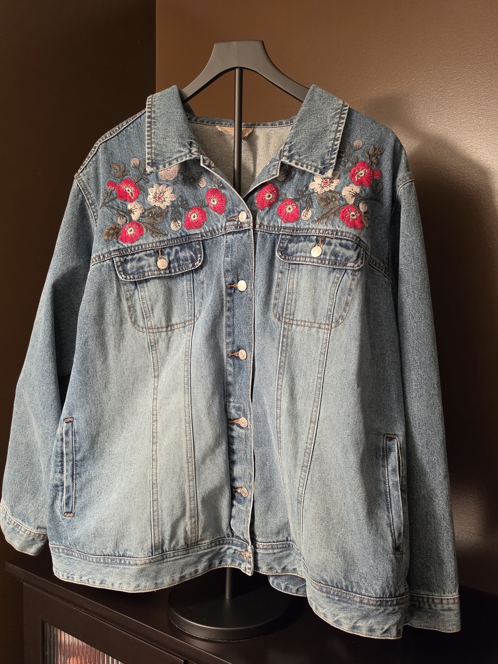 Plus Size Denim Embroidered Floral Jacket